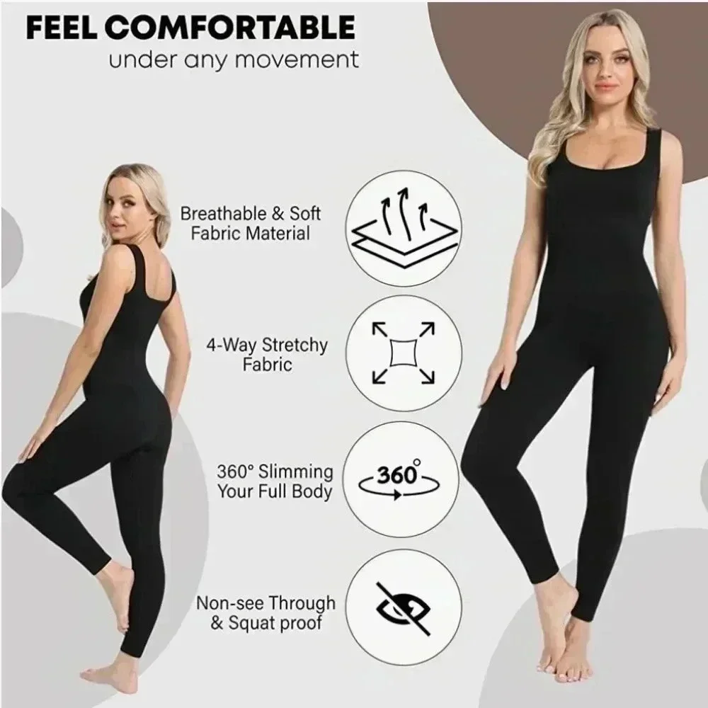 Soo slick long sleeve ribbed  Tummy Control Square Neck Ribbed  Jumpsuit.  Med